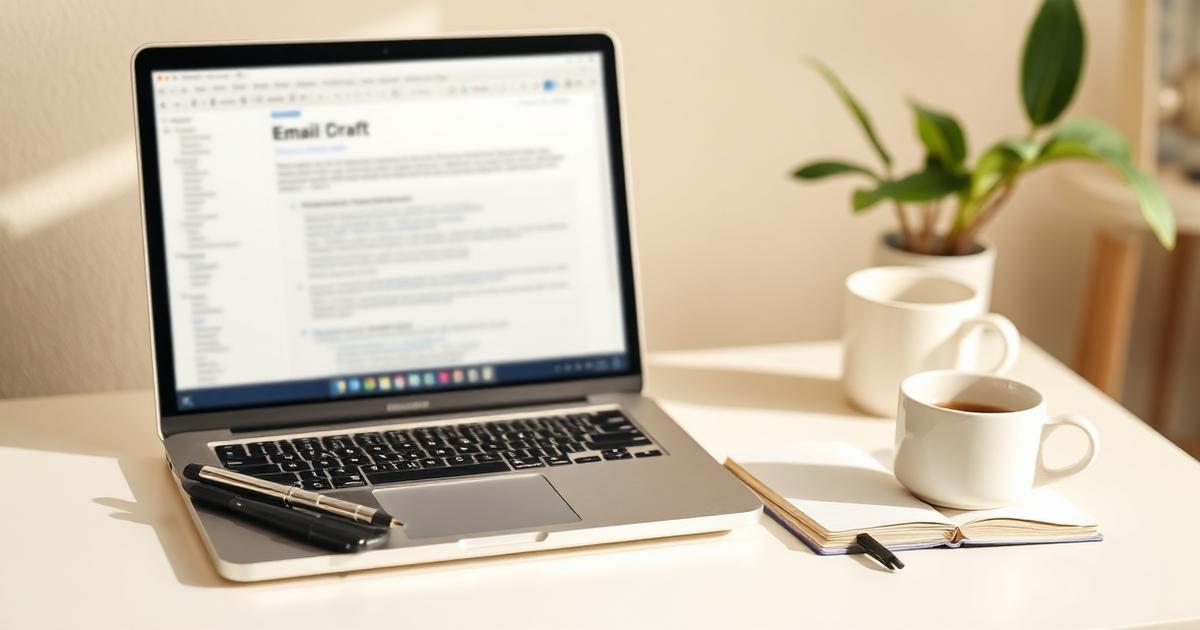 Notebook s rozepsaným anglickým pracovním e-mailem na světlém stole