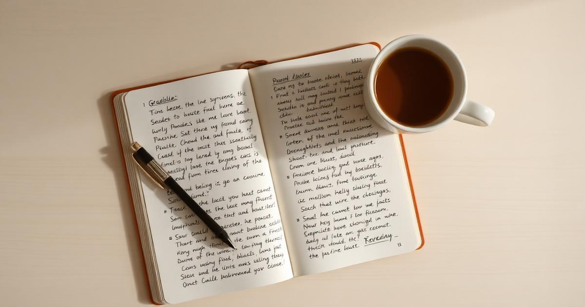 Otevřený sešit s poznámkami k anglické gramatice a šálek kávy na stole